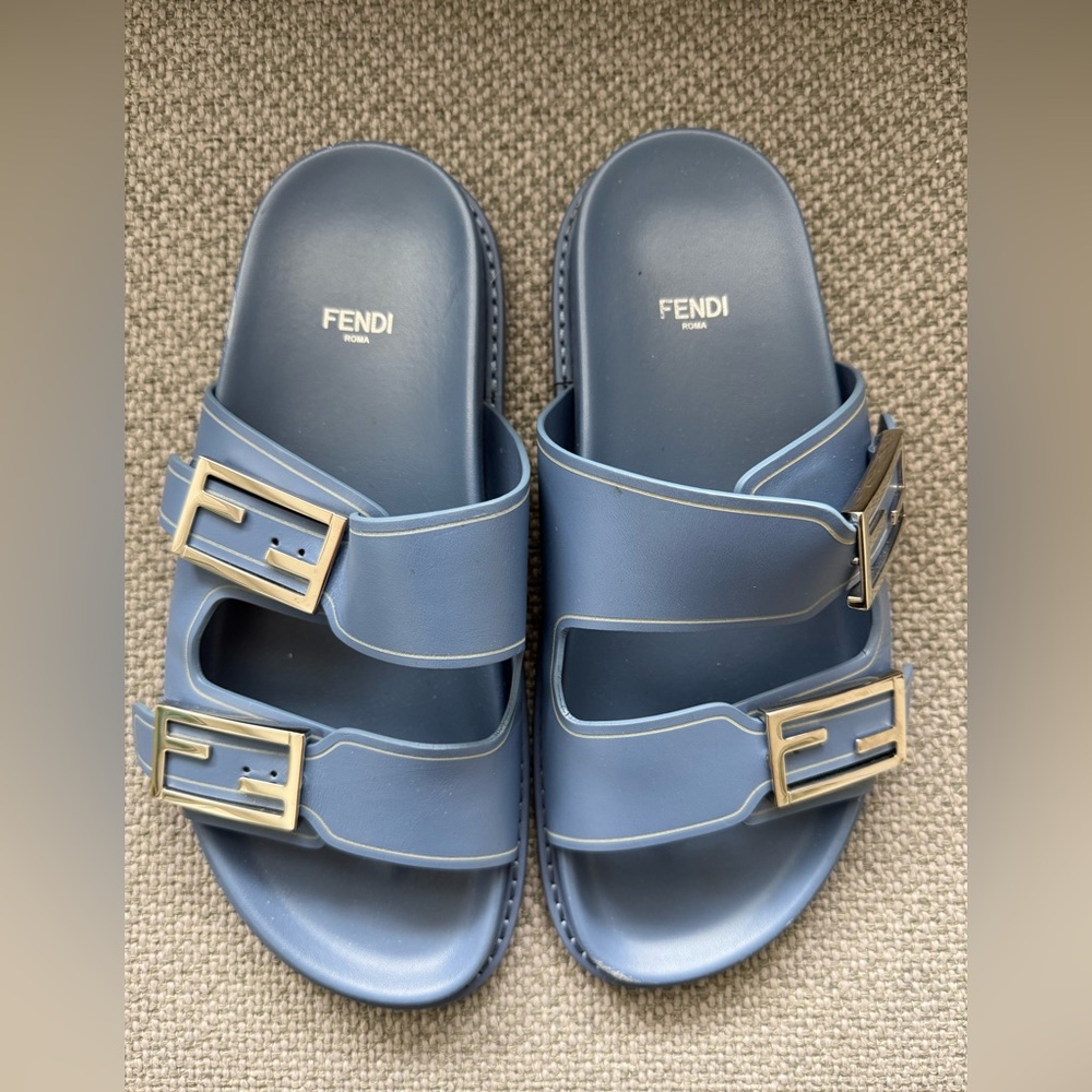 Fendi F Buckle Leather Slide Sandals